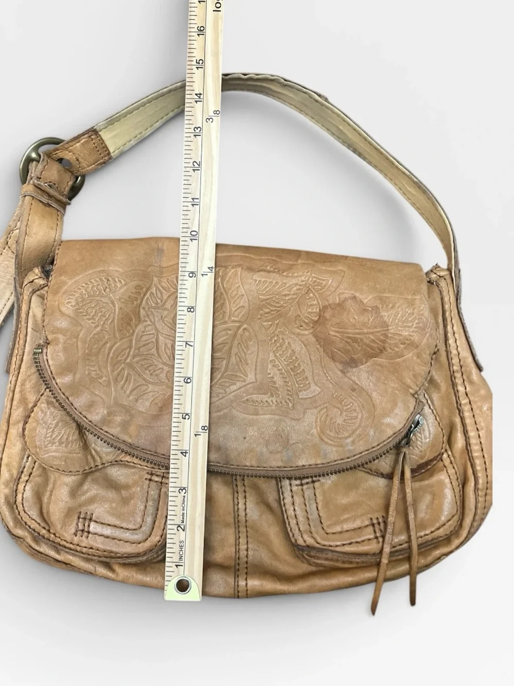 Lucky Brand Ramblin Rose Lambskin Boho Hobo Bag Tan Tooled Y2K